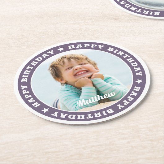 Happy Birthday Simple Moderne Custom Photo Ronde Kartonnen Onderzetter (Gebogen)