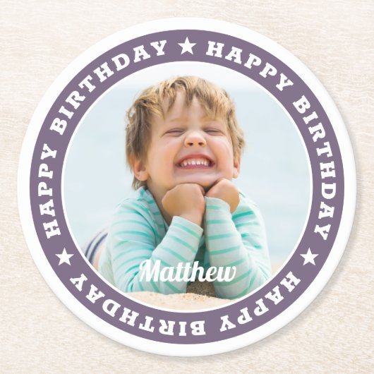 Happy Birthday Simple Moderne Custom Photo Ronde Kartonnen Onderzetter (Voorkant)