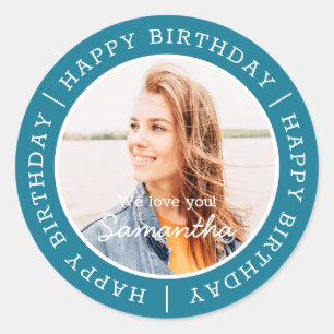 Happy Birthday Simple Preppy Modern Custom Photo Ronde Sticker