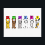 Happy Birthday Sister Cartoon Cats Briefkaart<br><div class="desc">Verschillende cartoon katten houden felgekleurde kaarten met letters op die spreuk uit 'Sister'.</div>