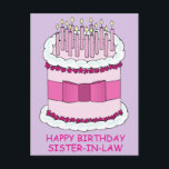 Happy Birthday Sister in Law Cartoon Cake Briefkaart<br><div class="desc">Een grote cartoon roze en witte verjaardagstaart op een mauve achtergrond,  met daaronder de woorden 'Happy Birthday sister-in-law' geschreven.</div>