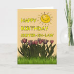 Happy Birthday Sister-In-Law Sun and Flowers Kaart<br><div class="desc">A Happy Birthday card to cheer up any Sister-In-Law - Field of tulips with a Happy Sun in the sky - Inside text can be change to suit your needs.</div>