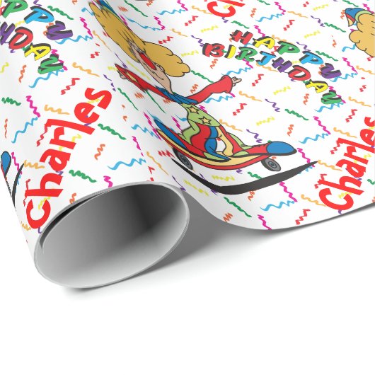 Happy Birthday Skating Clown | Personaliseren Cadeaupapier (Rol Hoek)