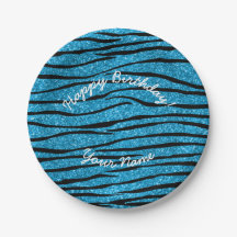 Happy Birthday sky blue glitter zebra stripes