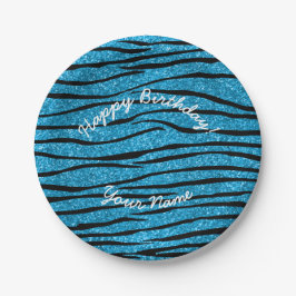 Happy Birthday sky blue glitter zebra stripes Papieren Bordje