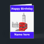 Happy Birthday, Smiling London Bus naam voorzijde Kaart<br><div class="desc">Double Decker London Bus op aanpasbare verjaardagskaarten en vaderdag-kaarten. Voeg naam toe aan de voorkant en namen en eventuele extra berichten erin.</div>
