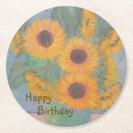 Happy Birthday Soft Sunflower Ronde Kartonnen Onderzetter