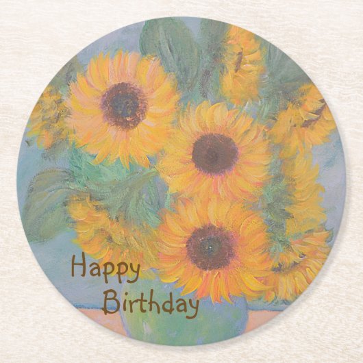 Happy Birthday Soft Sunflower Ronde Kartonnen Onderzetter (Voorkant)