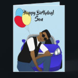 Happy Birthday Son African American Card Kaart<br><div class="desc">Deze coole Birthday-kaart voor een zoon,  heeft een jonge Afrikaans-Amerikaanse man die zich voor een blauwe sportwagen vormt. Stuur een kaart naar je geliefde die relateerbaar is en geeft je boodschap door zoals je van plan was.</div>