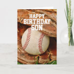 Happy Birthday Son Baseball and Old Mitt Kaart<br><div class="desc">Perfect for any baseball fan's birthday! A baseball and mitt in the tall summer grass - totally customizable for you to personalize as you please!</div>