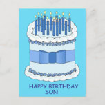 Happy Birthday Son Cartoon Cake and Candles Briefkaart<br><div class="desc">Een grote cartoon verjaardagstaart met aangestoken kaarsen en de woorden 'Happy Birthday Son' tegen een felblauwe achtergrond.</div>