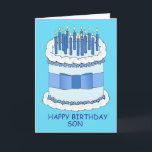 Happy Birthday Son Cartoon Cake and Candles Kaart<br><div class="desc">Een grote cartoon verjaardagstaart met aangestoken kaarsen en de woorden 'Happy Birthday Son' tegen een felblauwe achtergrond.</div>