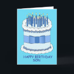 Happy Birthday Son Cartoon taart en kaarsen Kaart<br><div class="desc">Een grote cartoon verjaardagstaart met aangestoken kaarsjes aan en de woorden 'Happy Birthday Son' tegen een felblauwe achtergrond.</div>
