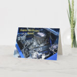 "Happy Birthday, Son" Hot Rod Engine Card Kaart<br><div class="desc">Aangepast blauw 1957 Chevy met chroomengine en gele tekst. Personaliseer berichten op voorzijde en binnenkant. Klik op "Aanpassen" om kleuren en tekststijlen te wijzigen.</div>