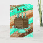 Happy Birthday Son Kaart<br><div class="desc">Blauwgroen en bruine Happy Birthday-kaart voor een zoon. Schuif met de hand getekende afbeeldingen van chocoladetaart,  kaarsen en geschenken.</div>