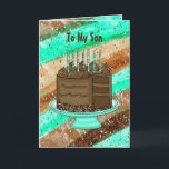 Happy Birthday Son Kaart<br><div class="desc">Blauwgroen en bruine Happy Birthday-kaart voor een zoon. Schuif met de hand getekende afbeeldingen van chocoladetaart, kaarsen en geschenken.</div>