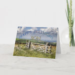 Happy Birthday Son, landschap met poort Kaart<br><div class="desc">Een verbluffend landschap bekeken over de poort van een roestrijke boer. Dit is een uitstekende verjaardagskaart die u kunt aanpassen.</div>