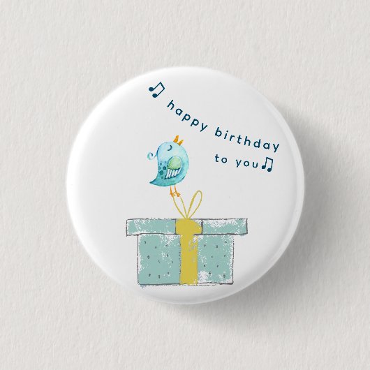 Happy Birthday Song (Simple Little Bird 2) Blauwgr Ronde Button 3,2 Cm (Voorkant)