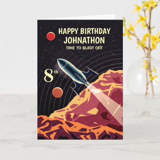 Happy Birthday Space Rocket Kinder Kind Personalis Kaart (Gele Bloem)