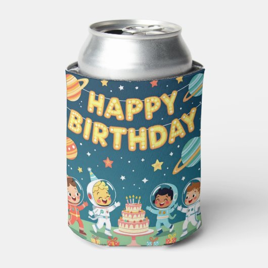 Happy birthday space theme blikjeskoeler (Blikje Voorkant)