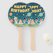 Happy birthday space theme handwaaier (Voorkant en achterkant)