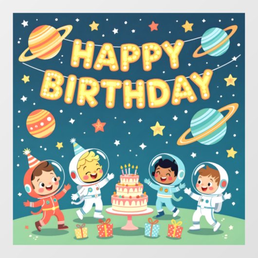 Happy birthday space theme raamsticker (Vel)