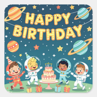 Happy birthday space theme vierkante sticker
