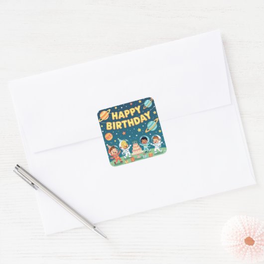 Happy birthday space theme vierkante sticker (Envelop)