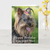 Happy Birthday Special Friend Fun Yorkie Dog Kaart (Gele Bloem)