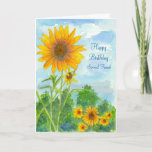 Happy Birthday Special Friend Sunflower Waterverf Kaart<br><div class="desc">Een fel kleurrijk wenskaart voor gelukkige verjaardag,  gedecoreerd met een waterverf landschapsschilderij van een zonnebloemveld,  groene bomen op een zomerdag met fluffy cumulus wolds in de lucht.</div>