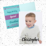 Happy Birthday special Grandson foto Kaart<br><div class="desc">Vervang de foto op de voorzijde en de naam. Voeg/vervang de tekst in Happy Birthday special Grandson toe. Binnenzijde ontworpen in paarse en turkooizen. **Als de zwarte tekst op de voorzijde niet omhoog tegen uw foto show, klik op personalize/personalize deze sjabloon, scrol neer dan "klik om verder aan te passen"om...</div>