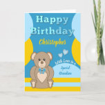 Happy Birthday special Grandson teddy blue Kaart<br><div class="desc">Pas deze Happy Birthday-kaart aan voor een speciale kleinzoon.
Ontworpen in blauw,  geel en bruin,  met een schattige teddybeer.
Voeg een naam en je bericht toe.
Gelukkige verjaardagMet liefde</div>