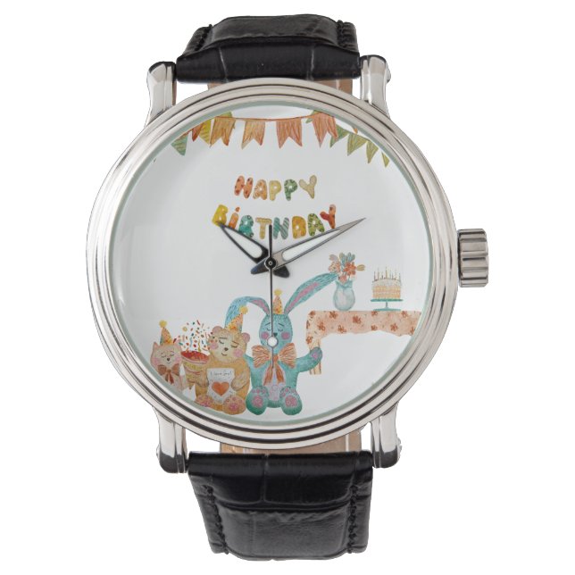 Happy Birthday-speelgoedbloem schattig kleurrijk e Horloge (Voorkant)