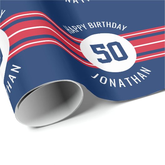 Happy Birthday Sports Jersey Stripes Name and Age Cadeaupapier (Rol Hoek)