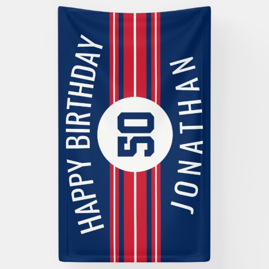 Happy Birthday Sports Jersey Stripes Name and Age Spandoek (Verticaal)