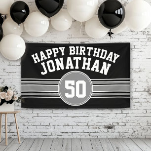 Happy Birthday Sports Stripes Age Black Silver Spandoek