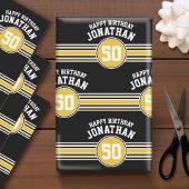 Happy Birthday Sports Stripes met Age Gold Black Inpakpapier Vel