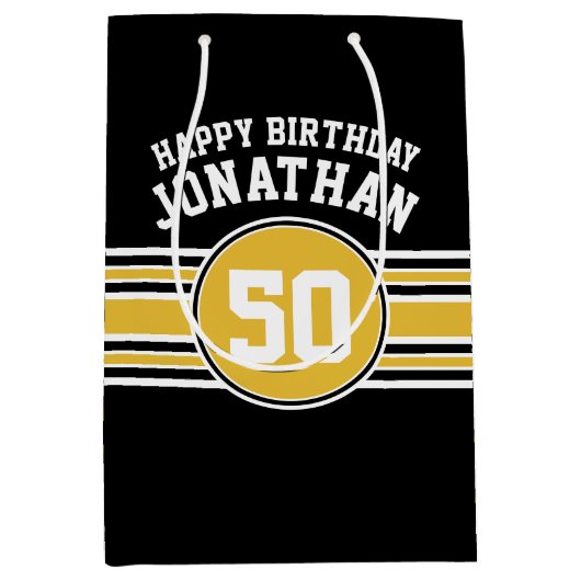 Happy Birthday Sports Stripes met Age Gold Black Medium Cadeauzakje (Voorkant)