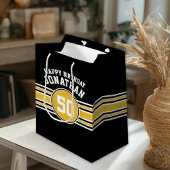 Happy Birthday Sports Stripes met Age Gold Black Medium Cadeauzakje