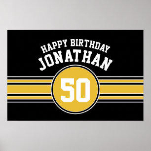 Happy Birthday Sports Stripes met Age Gold Black Poster