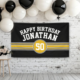 Happy Birthday Sports Stripes met Leeftijd Black G Spandoek