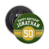 Happy Birthday Sports Stripes with Age Gold Green Button Flesopener (Voorkant)
