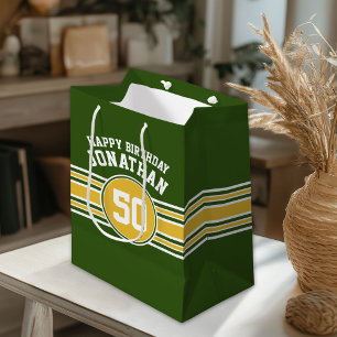 Happy Birthday Sports Stripes with Age Gold Green Medium Cadeauzakje