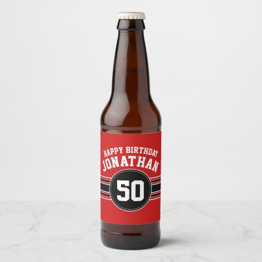 Happy Birthday Sports Stripes with Age - Red Black Bier Etiket (Voorkant)