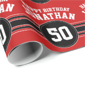 Happy Birthday Sports Stripes with Age - Red Black Cadeaupapier (Rol Hoek)