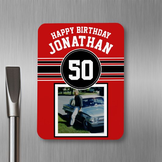 Happy Birthday Sports Stripes with Age - Red Black Magneet