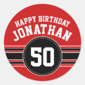 Happy Birthday Sports Stripes with Age - Red Black Ronde Sticker (Voorkant)