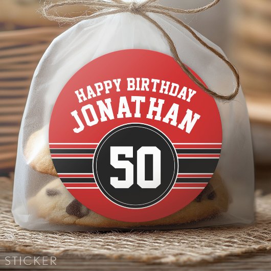 Happy Birthday Sports Stripes with Age - Red Black Ronde Sticker