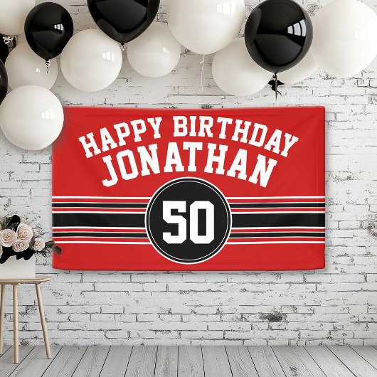 Happy Birthday Sports Stripes with Age - Red Black Spandoek