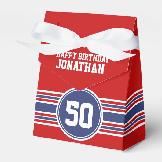 Happy Birthday Sports Stripes with Age - Red Blue Bedankdoosjes (Voorkant Zijde)